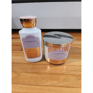 Bath & Body Works Champagne Toast 3 Wick Candle New And Body Lotion 8 Oz